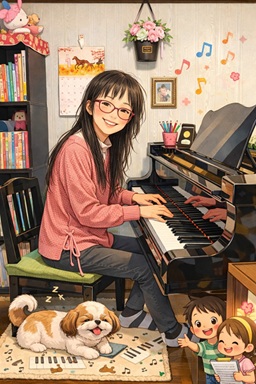 ピアノを弾く菊美先生のイラスト